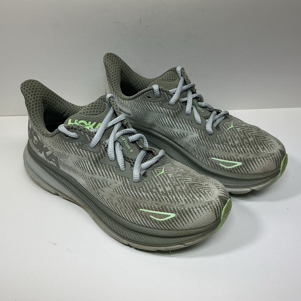 Hoka One Clifton 9 Sneakers Womens Size 7.5 B Gray Green Shoes 1127896 Athletic